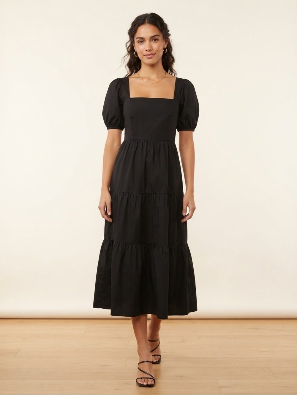 Astr Black Square-Neck Puff Sleeve Midi Dress